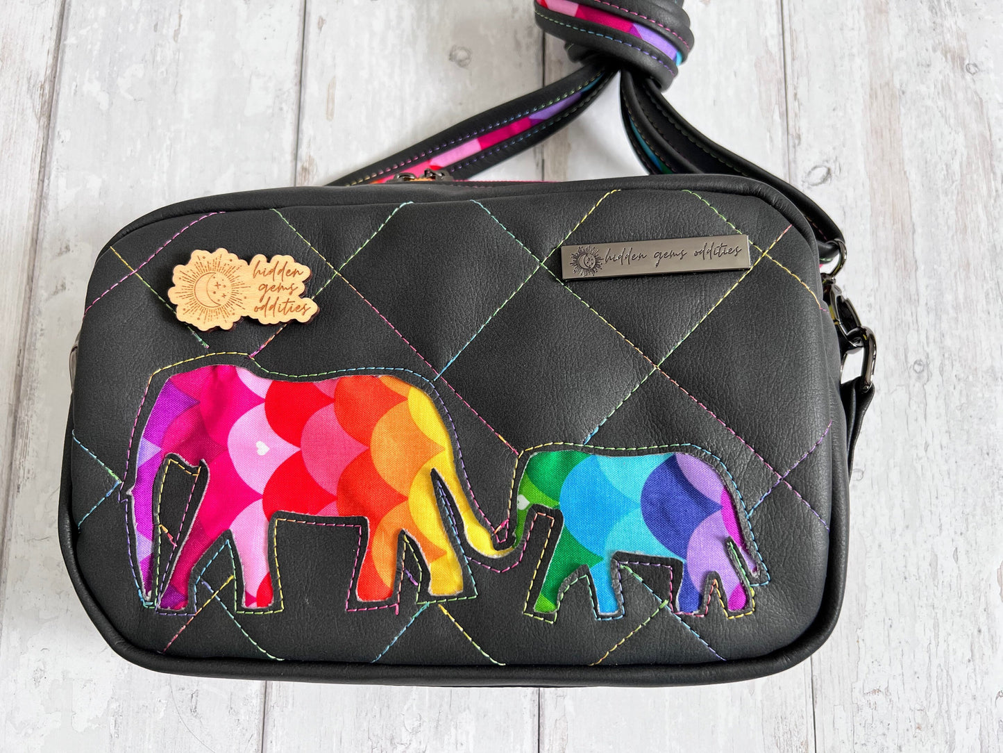 Elephant gifts, elephant bag, colourful handbag, rainbow handbag, quilted handbag, crossbody bag, crossbody bag women, rectangle bag