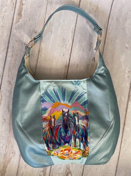 Gift for horse girl, teen girl gift, horse lover present, gift for vegan, blue handbag, Horse bag, Hobo bag, Shoulder Bag