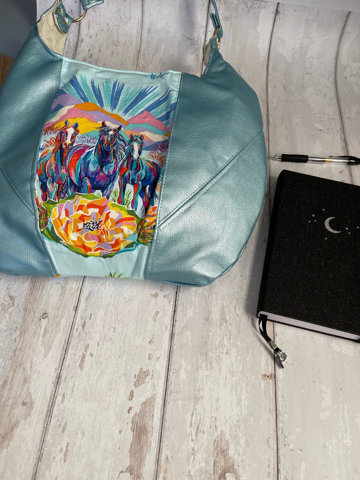 Gift for horse girl, teen girl gift, horse lover present, gift for vegan, blue handbag, Horse bag, Hobo bag, Shoulder Bag